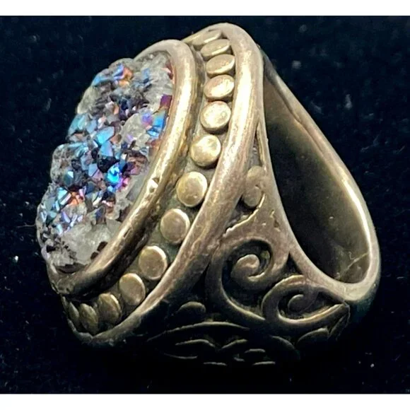Vintage Druzy Stone Silver Ring Size 8 Opalescent Iridescent Crystals MARKED - Picture 9 of 10